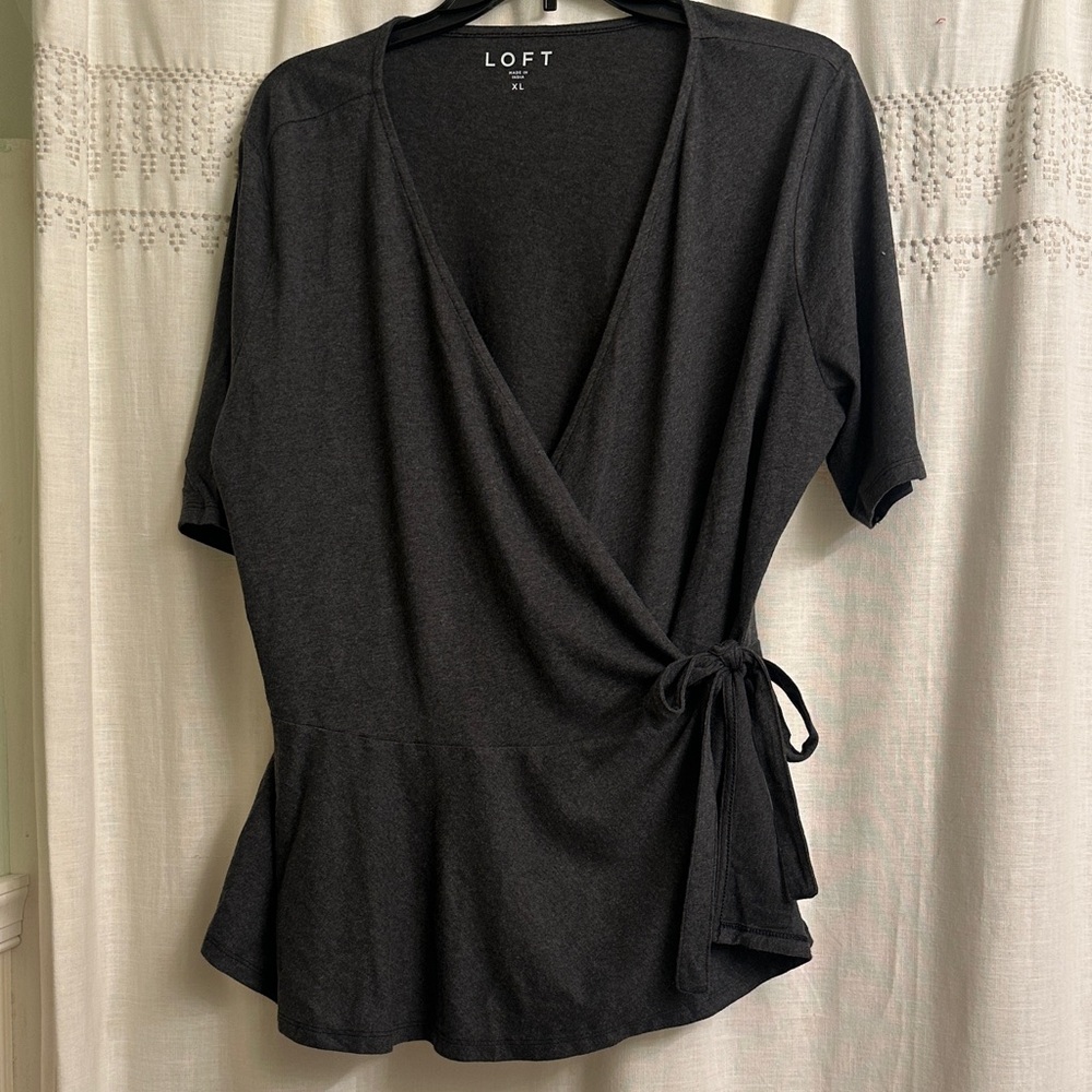 LOFT Dark Gray Wrap Peplum Top with Side Tie